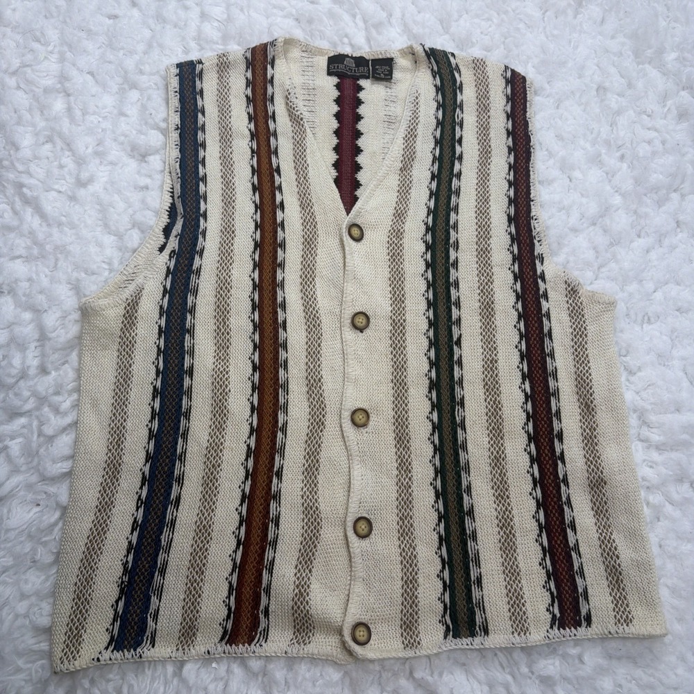 Vintage 90s Structure Knit Woven Vest Men XL Embroidered Eclectic Grandpa Stripe